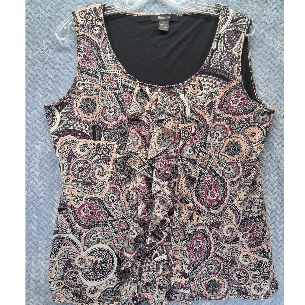 Style & Co Womens Paisley Ruffle Front Sleeveless Blouse‎ Purple Orange Large